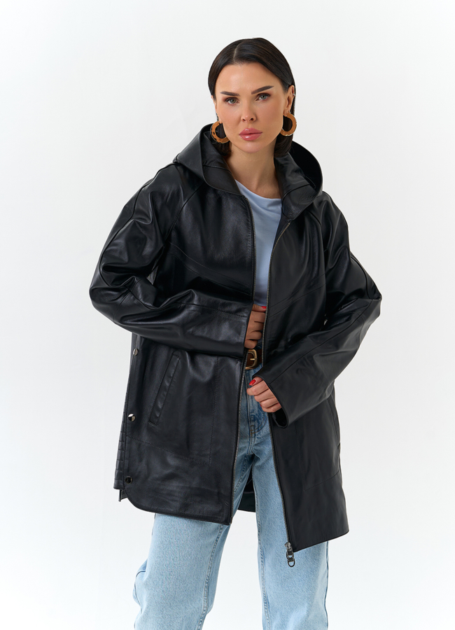 Женская куртка из натуральной кожи с капюшоном модель № 32874 меха малина