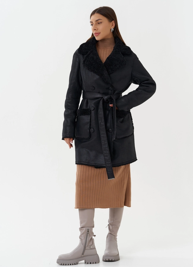 Женская двухсторонняя дубленка из эко кожи модель № 27769 меха малина