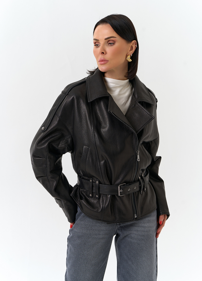 Женская куртка из натуральной кожи с поясом модель № 32678 в кредит