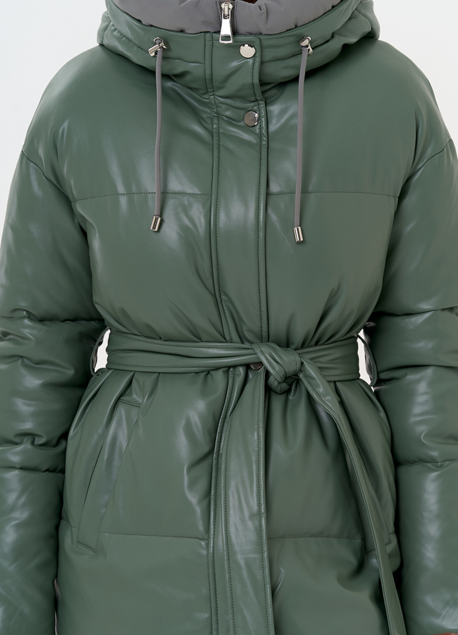 Женский пуховик из эко кожи с капюшоном модель № 30729 универмаг малина