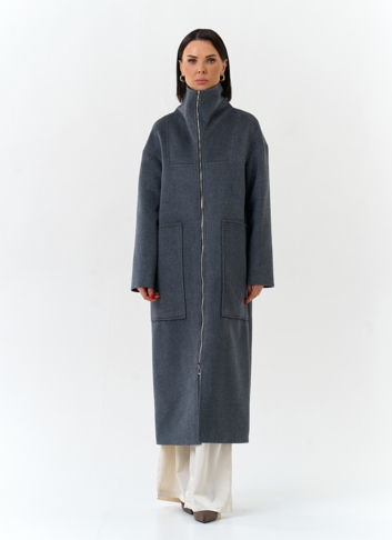 Женское длинное пальто с воротником стойкой