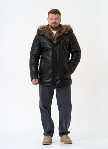 Мужская натуральная дубленка на волке с отделкой из меха енота