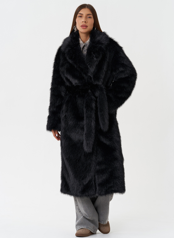 Длинное пальто из эко меха под песца