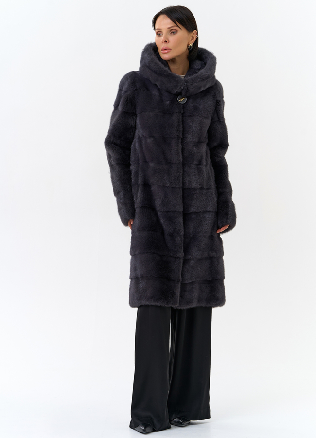 Норковая шуба в цвете графит с капюшоном  модель № 24954 универмаг малина