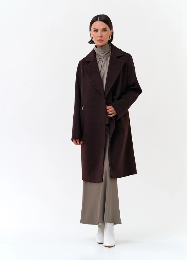 Женское пальто коричневого цвета с поясом модель № 33855 универмаг малина