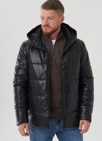 Пуховик мужской из эко кожи с капюшоном 