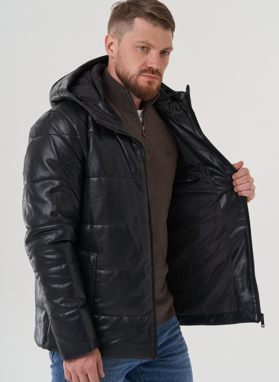 Пуховик мужской из эко кожи с капюшоном 