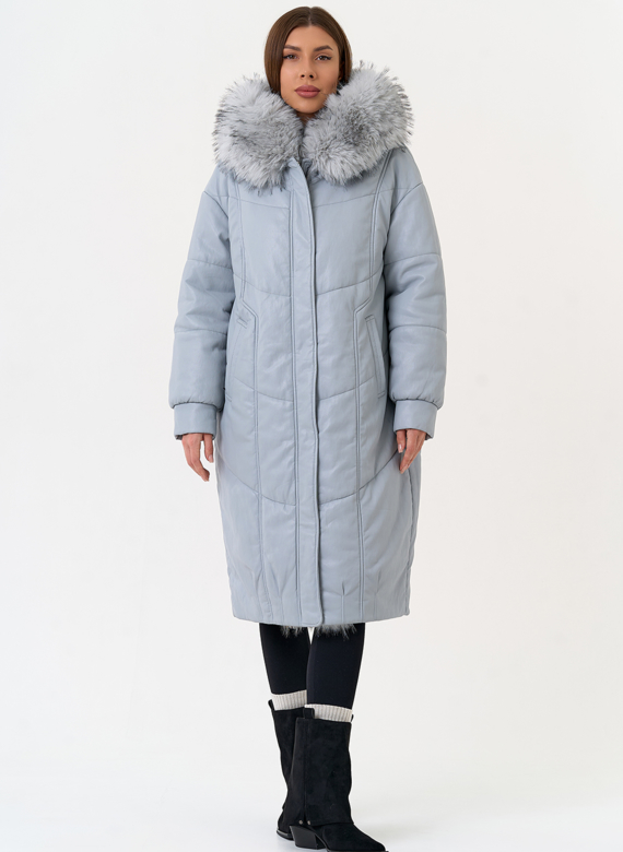 Женский пуховик из эко кожи с отделкой из эко меха