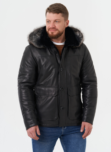 Пуховик из натуральной кожи с мехом енота