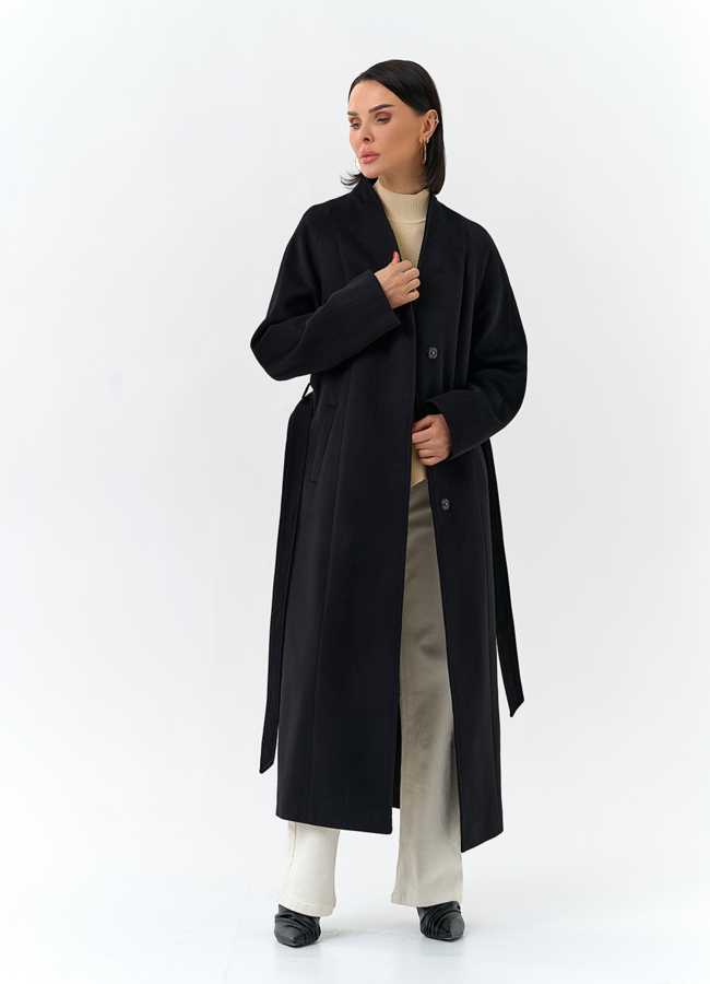 Женское пальто черного цвета с поясом модель № 32685 универмаг малина