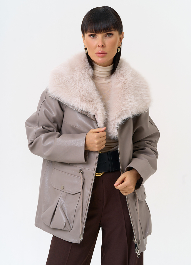 Удлиненная куртка из эко кожи с воротником из эко меха модель № 30707 универмаг малина