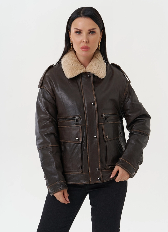 Кожаная куртка-пилот  модель № 28112 меха малина фото