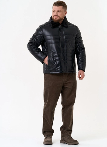 Пуховик из эко кожи с воротником стойкой