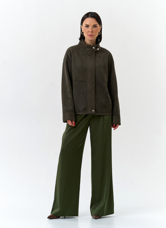 Женская дубленка из эко замши с воротником стойкой