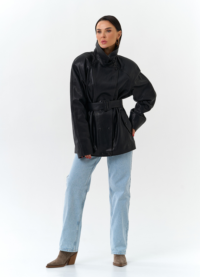 Женская куртка из натуральной кожи  с поясом модель № 32872 в рассрочку