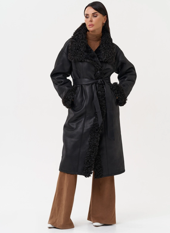 Женская дубленка из эко замши с поясом