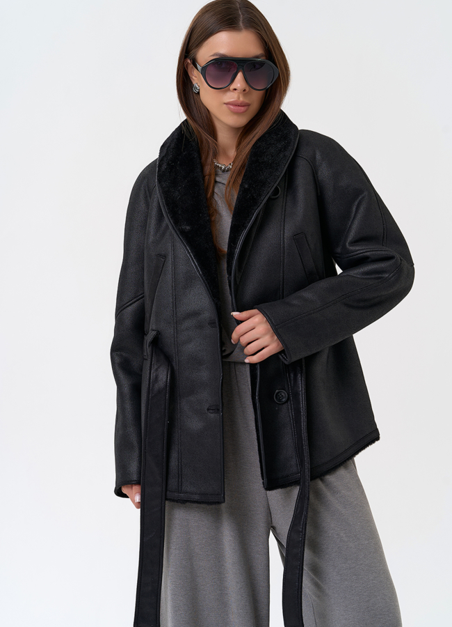 Женская дубленка из эко замши в стиле ретро модель № 31413 меха малина