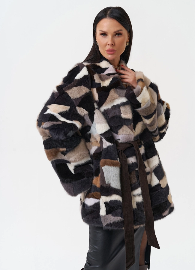Шуба из меха норки с поясом модель № 32071 меха малина