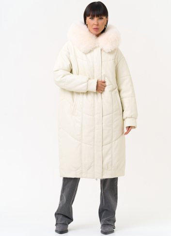 Женский пуховик из эко кожи со съемным эко мехом