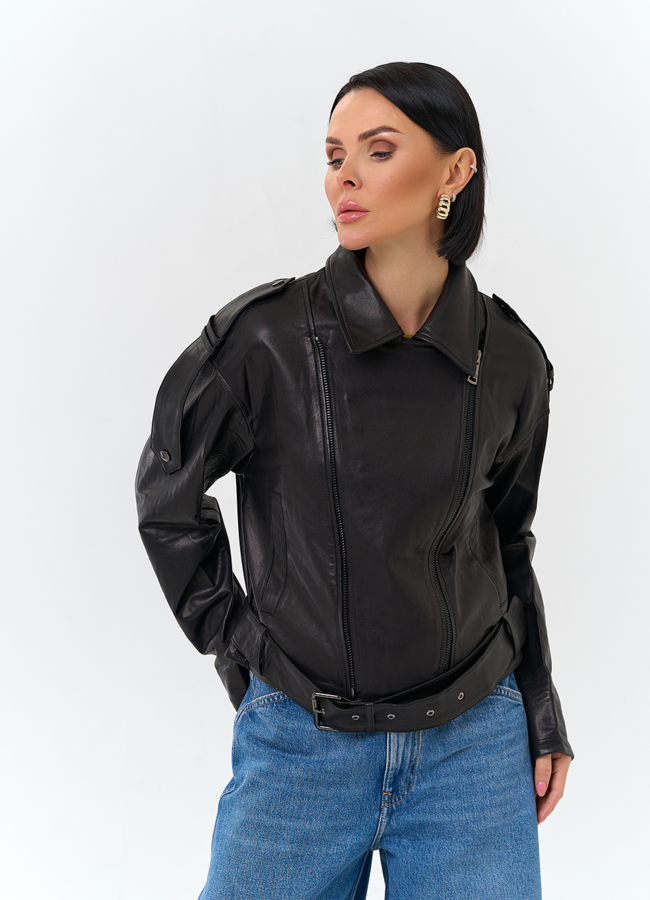 Женская куртка косуха из натуральной кожи модель № 26849 меха малина