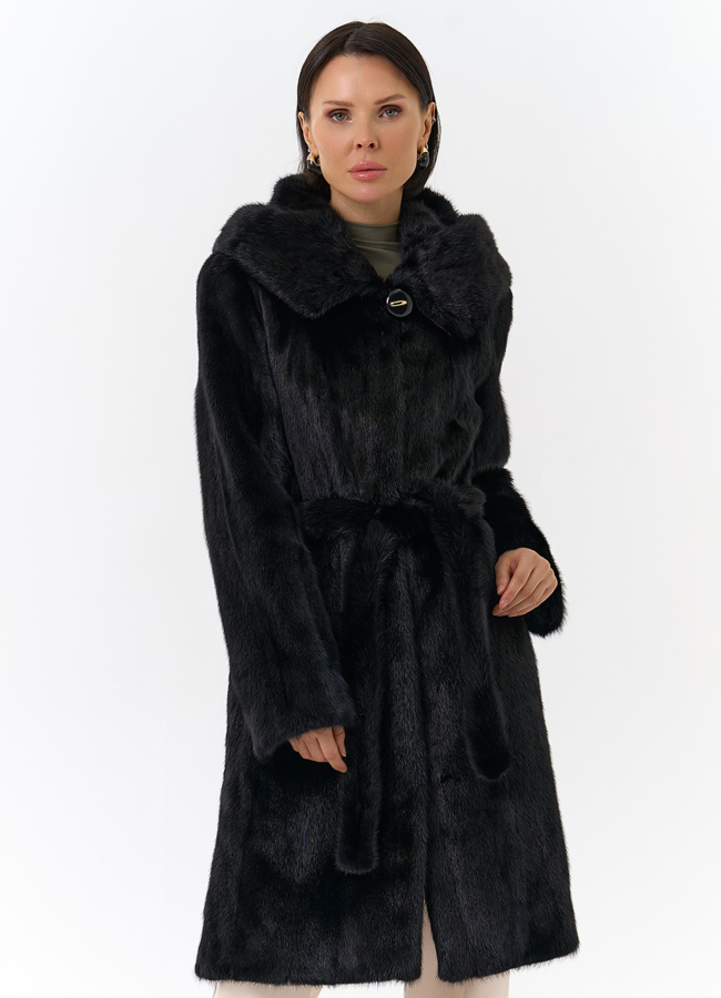 Шуба из норки черного цвета с капюшоном  модель № 26287 меха малина