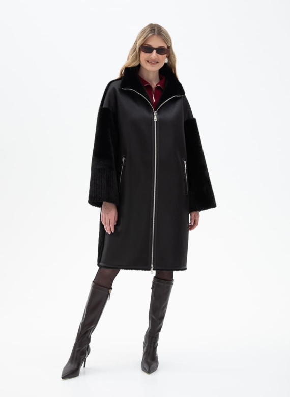 Женская двухсторонняя дубленка из эко кожи с воротником стойкой