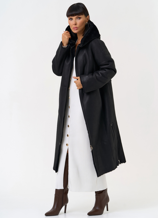 Натуральная двухсторонняя дубленка с капюшоном модель № 28957 универмаг малина