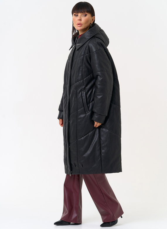 Женский пуховик из эко кожи со съемным эко мехом