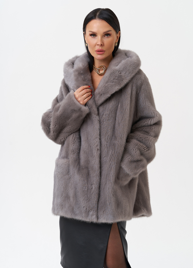 Женская норковая шуба с капюшоном  модель № 28786 меха малина