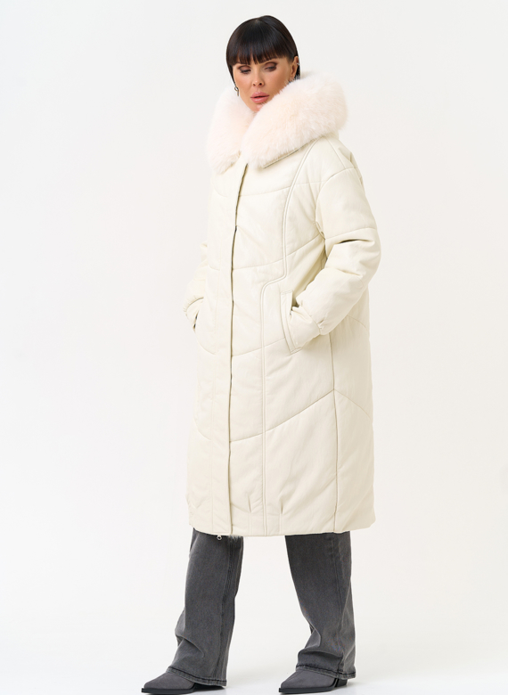 Женский пуховик из эко кожи со съемным эко мехом