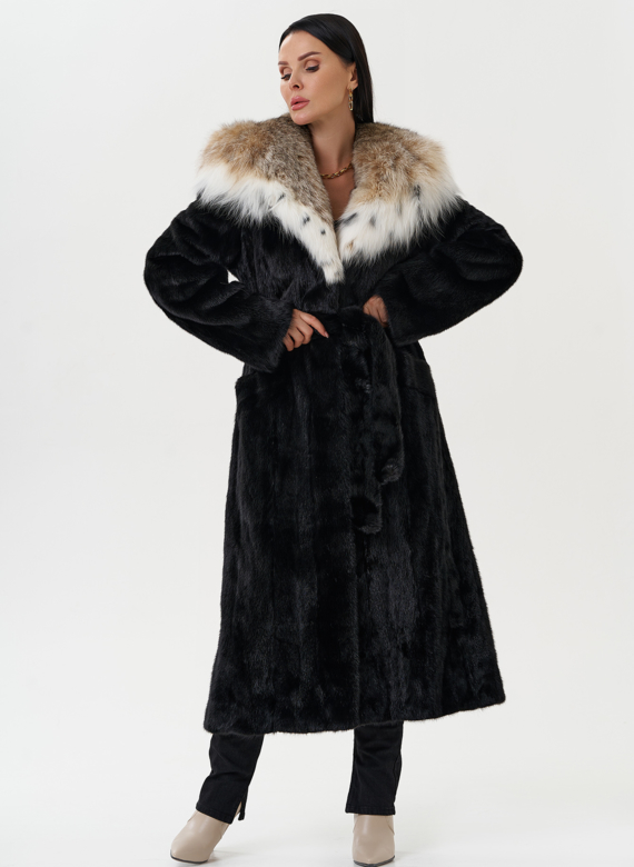Норковая шуба с капюшоном из меха рыси