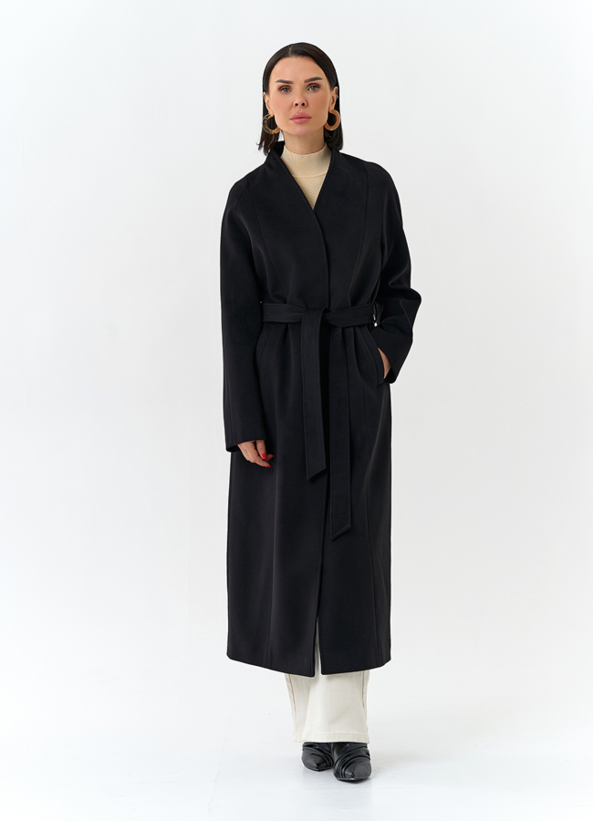 Женское пальто черного цвета с поясом модель № 32685 в рассрочку