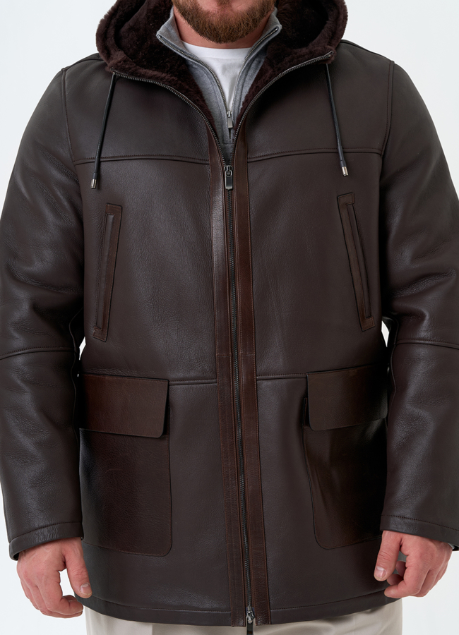 Мужская натуральная дубленка с капюшоном модель № 32059 универмаг малина