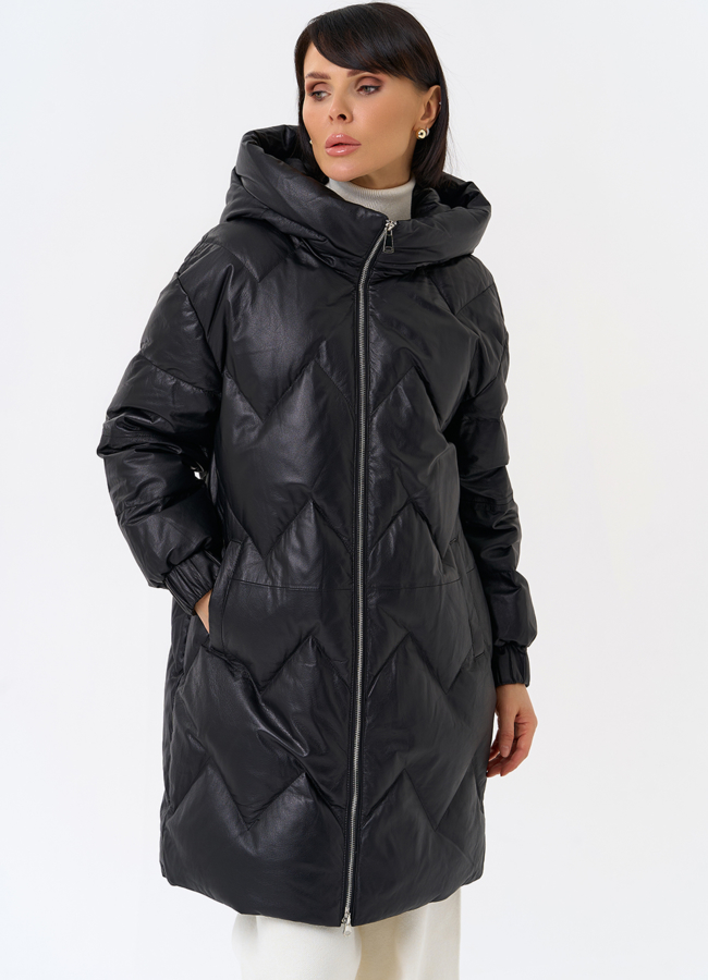 Длинный пуховик из кожи модель № 31215 универмаг малина