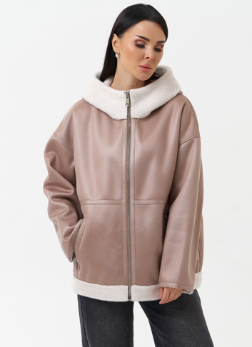 Женская дубленка из эко замши с капюшоном