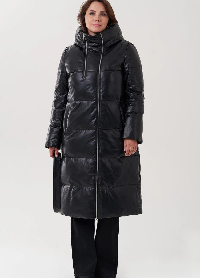 фото Женский пуховик из эко кожи с капюшоном модель № 24865