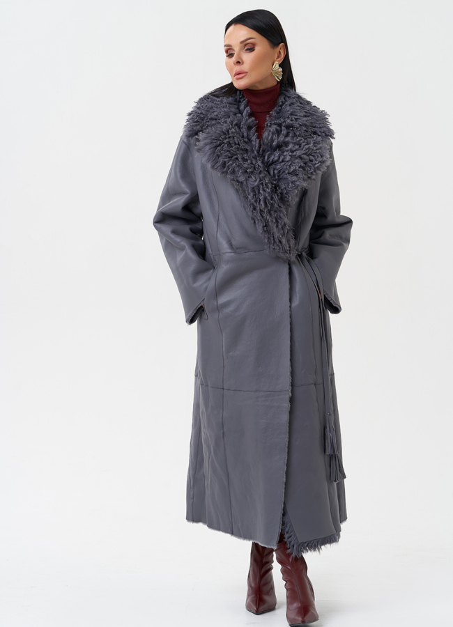 Длинная дубленка из натурального меха модель № 28424 универмаг малина