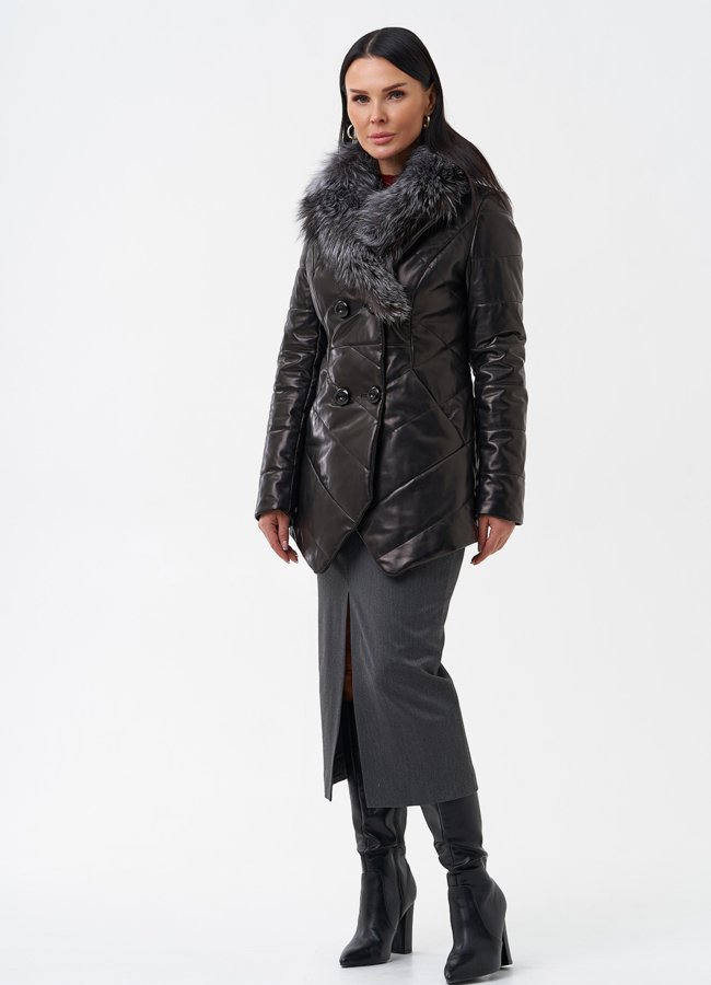Кожаный пуховик с мехом из чернобурки модель № 29406 универмаг малина