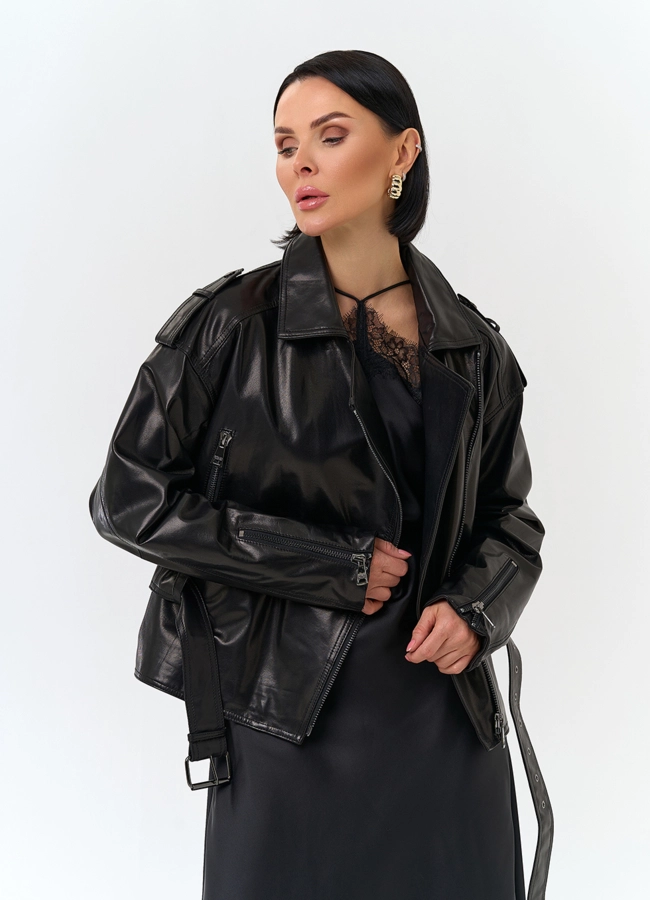 фото Женская куртка из натуральной кожи с поясом модель № 29916