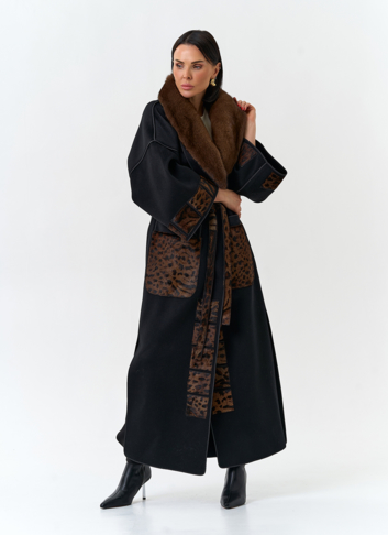 Женское длинное пальто с воротником из меха норки