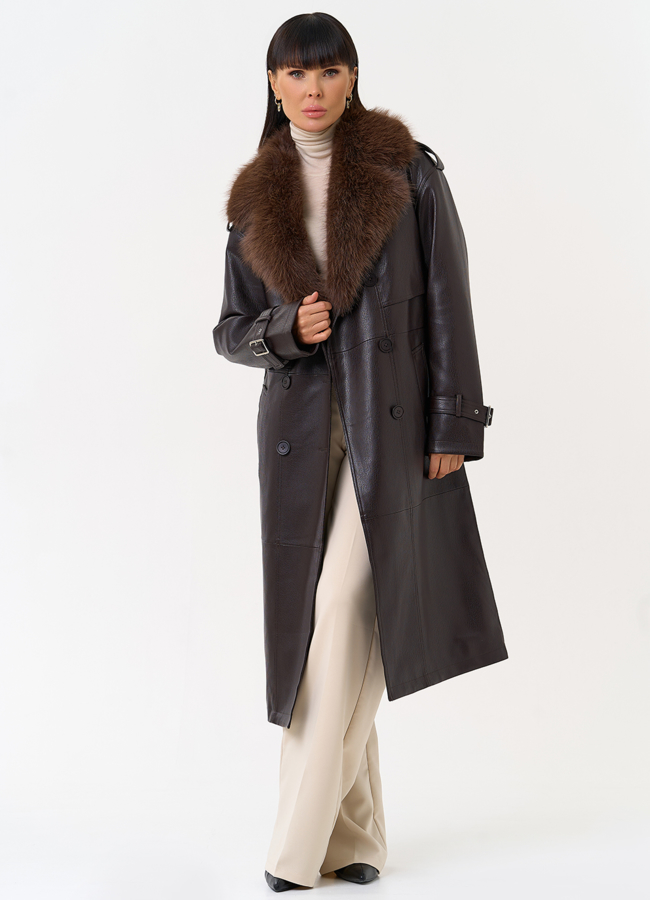 Женское утепленное пальто из экокожи с воротником из эко меха модель № 30704 универмаг малина