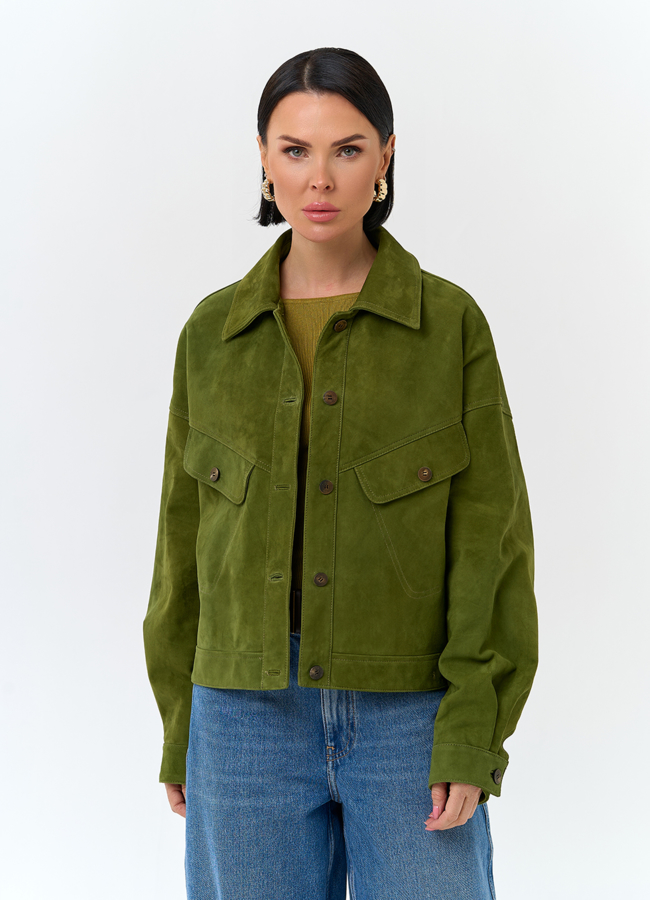 Женская куртка из натуральной замши зеленого цвета модель № 32672 универмаг малина