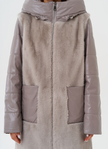 Комбинированный пуховик из эко кожи с капюшоном